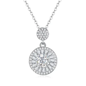 RENSINO 1 Carat Moissanite Style Circle Shape Necklace Womens 925 Silver Micro-Set Emerald Cut Rhodium Plated Pendant Cross Chain