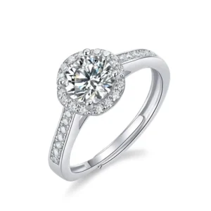 RENSINO 1 Carat Round Brilliant Cut Moissanite 925 Sterling Silver Engagement Adjustable Ring for Women with Prong Setting