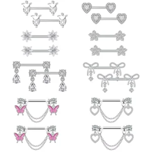 RENSINO 1 Pair Stylish Zircon Stainless Steel Nipple Ring Butterfly Straight Stick 14G Nipple Jewelry Couple Party Body Jewelry