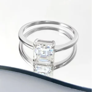 RENSINO 1.5ct Asscher Cut Moissanite Ring Platinum Plated 925 Sterling Silver VVS Moissanite Diamond Engagement Ring for Women