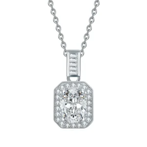 RENSINO 1.5ct Oval Cut 6×8 Moissanite Necklace Womens Vintage Geometric Design Rhodium Plated 925 Silver Cross Chain Pendant Claw