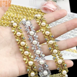 RENSINO 10 Yards 1.5cm Wide Gold Silver Pearl & Rhinestone Chain Trim for DIY Jewelry Making Bridal Accessories Evening Dress Embellish