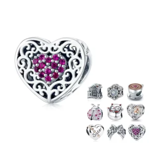 RENSINO 100% Authentic 925 Sterling Silver Heart Shape Charm Beads Fit Brand Charm Bracelet DIY Original Silver Jewelry