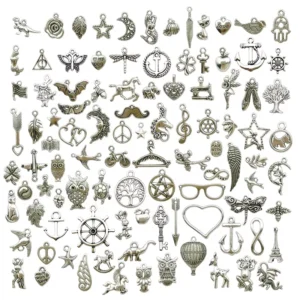RENSINO 100 PCS Mixed Smooth Tibetan Silver Gold Plated Metal Charms Pendants for DIY Necklace Bracelet Making Crafted Alloy