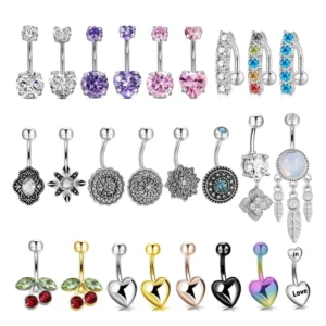 RENSINO 100 Styles Women’s Navel Belly Button Rings 316L Surgical Stainless Steel Hypoallergenic Custom Titanium Navel Piercing Jewelry
