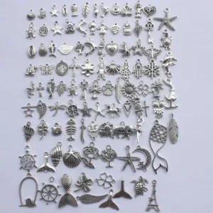 RENSINO 100PCS Bulk Lots Silver Charms Mixed Smooth Tibetan Silver Metal Charms Pendants DIY for Bracelet Jewelry Making