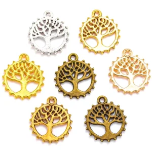 RENSINO 100pcs bag 5color Metal Life Tree Charms Antique Silver Plated Pendant for Jewelry Making Round Tree Necklace Charm 18*16mm Q246