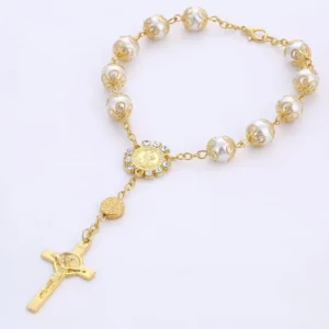 RENSINO 10MM Hand-made Pearl Bracelet with Cross Catholic Pendant for Gold Silver Plated Beaded Prayer Bracelets