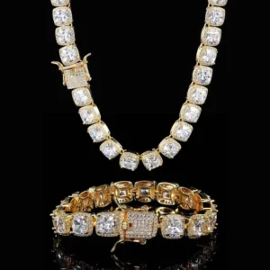 RENSINO 10mm Iced Out Chain Necklace Hip Hop Fine Jewelry Set Men Geometric Square CZ Cluster Tennis Necklace Bracelet Set