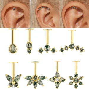 RENSINO 10pcs 925 Sterling Silver 18K Gold Plated Geometric Moss Agate Handmade Vertical Flat Back Earrings Piercing Jewelry