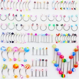 RENSINO 110 PCS SET Silver Plated Acrylic Zircon Claw Setting Mixed Color Body Jewelry Piercing Kit for Eyebrow Navel Belly Tongue Lip