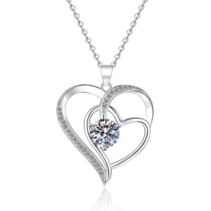 RENSINO 1&2CT Round Cut Moissanite Double Heart Pendant Necklace 925 Sterling Silver Romantic Love Jewelry Gift for Women
