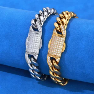 RENSINO 12mm Stainless Steel Cuban Link Chain Moissanite Clasp Design 18k Gold Plated Miami Cuban Link Bracelet
