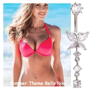 RENSINO 14G Dangle Belly Button Ring Silver Gold Butterfly Barbell Belly Ring CZ Belly Body Piercing Jewelry for Women Girls Beach Party