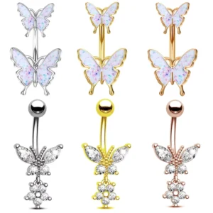 RENSINO 14G Stainless Steel Titanium Double Butterfly Belly Button Ring CZ Navel Piercing Jewelry