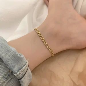 RENSINO 14K Gold 316L Stainless Steel 4MM Wide Figaro Chain Anklet Bracelet Titanium Steel 20CM Link Chain Featuring 20mm Silver