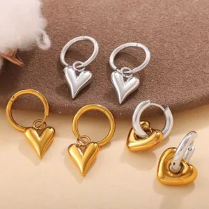 RENSINO 14K Gold 3D Heart Charm Drop Earrings Vintage Waterproof Heart Drop Earrings for Daily Wear Gifting
