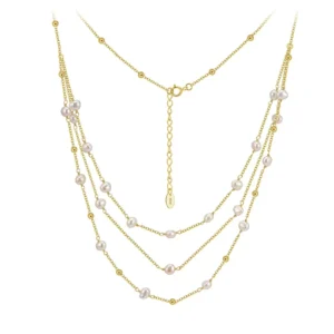 RENSINO 14K Gold Plated 925 Sterling Silver Multi-Layer Necklace Freshwater Pearls Delicate Layered Pearl Chain Jewelry