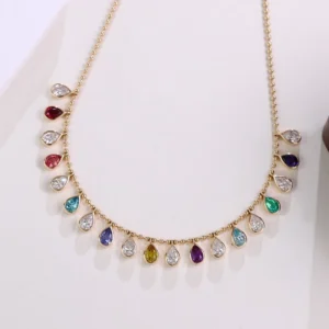 RENSINO 14K Gold Plated Pear Shaped Cultured Diamond Gemstone Bead Chain Women’s Necklace