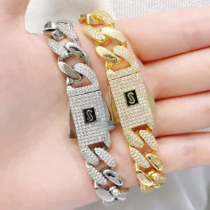 RENSINO 14K Gold Plated Sparkling Diamond Charm Monaco Bracelet Fashionable Oro Laminado Cuabn Cadena Hip Hop Bracelet