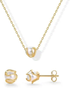 RENSINO 14K Gold Plated Sterling Silver Alloy Shell Pearl Women’s Jewelry Set with Necklace and Caged Stud Earrings