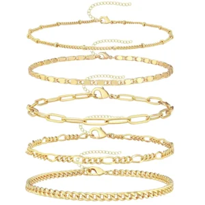 RENSINO 14K Gold Plated Waterproof Trendy Thin Dainty Stackable Cuban Link Paperclip Chain Bangle Cuff Bracelet Set for Women