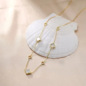 RENSINO 14K Gold Plated Women 925 Sterling Silver Double Sided Four Leaf Clover Pearl Chains Necklace