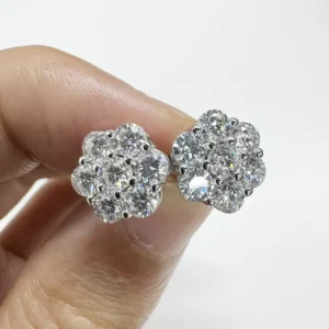 RENSINO 14K White Gold Plated 925 Sterling Silver Women Men Iced Out Round Flower Cluster Hypoallergenic Hip Hop Moissanite Stud Earring