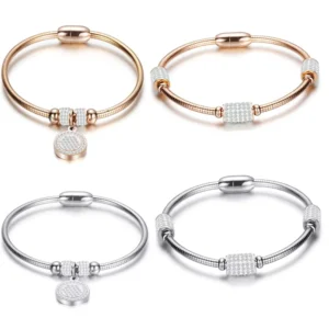 RENSINO 14k Gold Stainless Steel Charms Bangle Bracelet Magnetic Locks CZ Jewelry Bracelet Set for Women