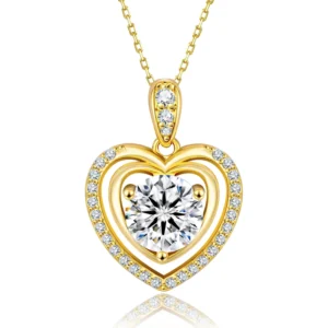 RENSINO 14k Real Gold Plated Double Heart Pendant Necklaces GRA VVS 1 2 3 Carat Moissanite Diamond Charm Women Gifts S925 Silver Chain