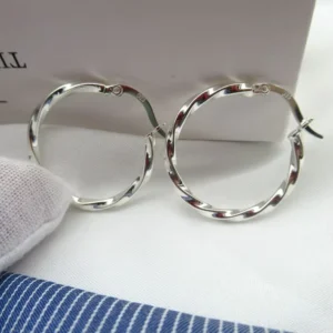 RENSINO 15mm 25mm Large Formal Party Wear Chunky Twist Screw Rope Fashion 925 Sterling Silver Thick Twisted Hoop Earrings