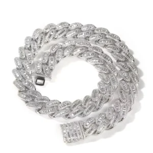 RENSINO 15mm Baguette Full Iced Out Cuban Link Chain Miami Bling Bling Cz Choker Women Men Necklace