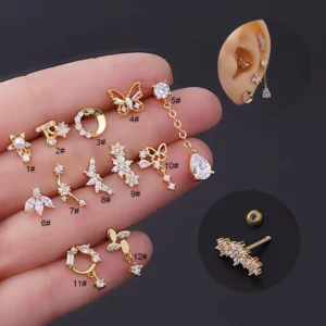 RENSINO 16g Gold Plated Stainless Steel Jewelry CZ Dangle Cartilage Piercing Conch Tragus Helix Snug Screw Back Earring Stud