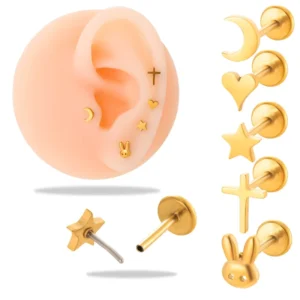 RENSINO 18G*8mm Stainless Steel Threadless Push in Flat Back Star Moon Love Heart Cross Stud Earring Helix Lip Piercing Jewelry