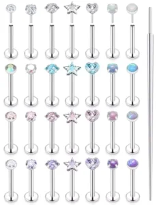 RENSINO 18G Threadless Lip Labret Stud Snake Bite Silver Surgical Stainless Steel Flat Back Push Cartilage Piercing Jewelry