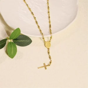 RENSINO 18K Gold PVD Plated Stainless Steel Buddha Beads Chain Religious Totem Cross Pendant Necklace