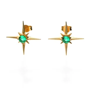 RENSINO 18K Gold Plated 925 Silver Polaris With Zircon Green Emerald Stud Earrings for Women