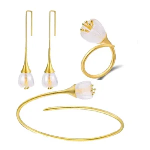 RENSINO 18K Gold Plated 925 Sterling Silver Crystal Flower Minimalist Design Handmade Fine Earring Ring Bracelet Jewelry Sets for Women