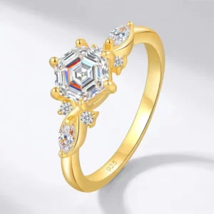 RENSINO 18K Gold Plated 925 Sterling Silver GRA Moissanite Ring Hexagon Cut Botanical Band Women Engagement Jewelry
