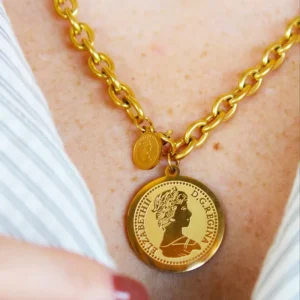 RENSINO 18K Gold Plated Coin Pendant Necklace Chunky Cable Chain Queen Elizabeth Portrait Jewelry