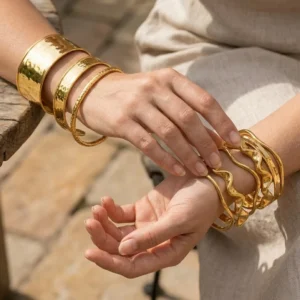 RENSINO 18K Gold Plated Exaggerated Irregular Wave-patterned Cuff Fashion Bangles for Women Waterproof Stainless Steel Jewelry Gift