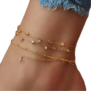 RENSINO 18K Gold Plated Multilayer Heart Chain Anklets for Women Beach Barefoot Cross Pendant Charm Jewelry Zinc Alloy