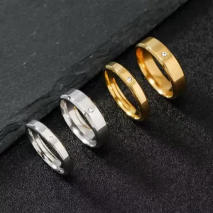RENSINO 18K Gold Plated Non Tarnish Stainless Steel Zircon Couple Rings Simple Style Smooth Rings for Women Men