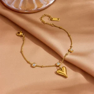 RENSINO 18K Gold Plated Non Tarnish Stainless Steel Zircon Heart Pendant Necklace Bracelet Anklet Earrings Jewelry Set for Women