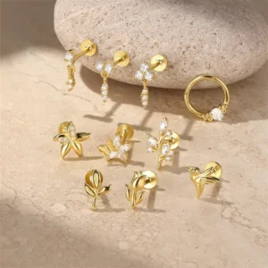 RENSINO 18K Gold Plated S925 Sterling Silver Single Piercing Stud Cubic Zirconia Flat Back Cartilage Earring for Women