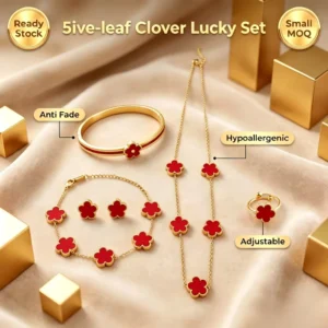 RENSINO 18K Gold Plated Stainless Steel 5 Leaf Clover Necklace Bracelet Earrings Bangle Ring Set Jewelry for Womens Gift