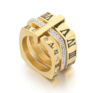 RENSINO 18K Gold Plated Stainless Steel CZ Cubic Zircon Square Shaped Engraved Roman Numeral Finger Ring