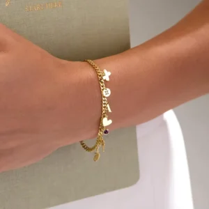 RENSINO 18K Gold Plated Stainless Steel Curb Chain Custom Charm Bracelet Personalized Initial Zodiac Birthstone Heart Butterfly Pendant