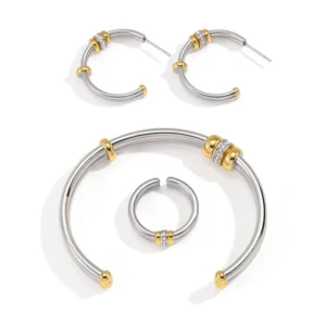 RENSINO 18K Gold Plated Stainless Steel Mixed Gold Silver Two Tone Double Layer Open Cuff Bangle with White Zirconia Women