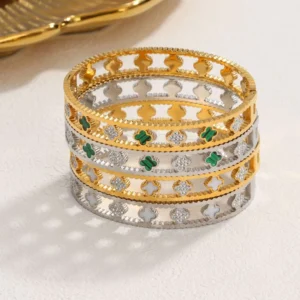 RENSINO 18K Gold Plated Stainless Steel Non Tarnish Designer Jewelry Four Leaf Clover Bangles for Women